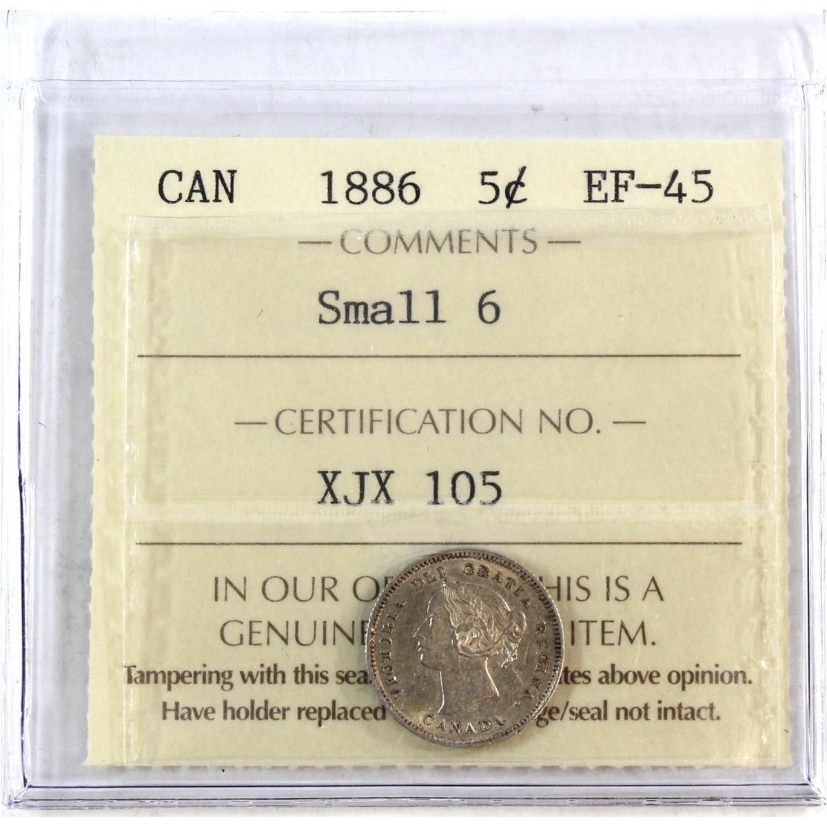 1886 Small 6 Canada 5-cents ICCS Certified EF45