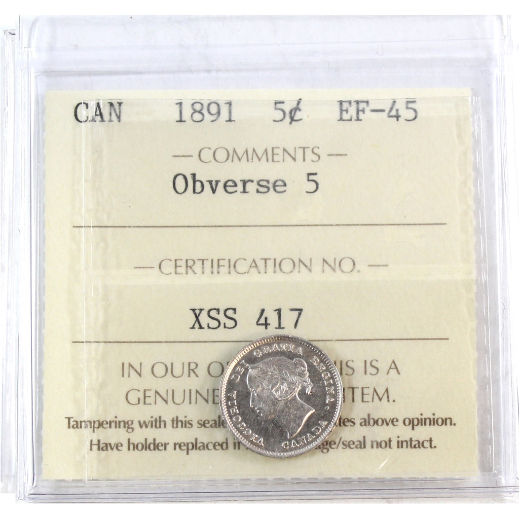 1891 Obv. 5 Canada 5-cents ICCS Certified EF45