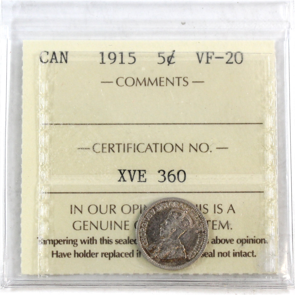 1915 Canada 5-cents ICCS Certified VF20 – Colonial Acres Coins
