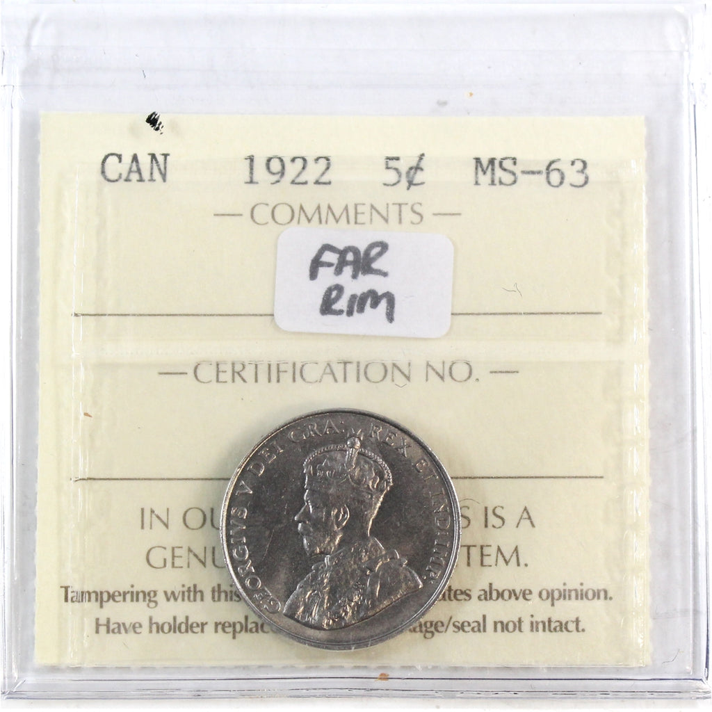 1922 Far Rim Canada 5-cents ICCS Certified MS63 (XJX 116)