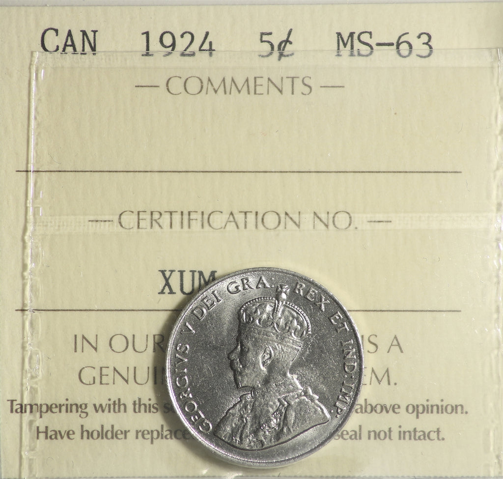 1924 Canada 5-cents ICCS Certified MS63