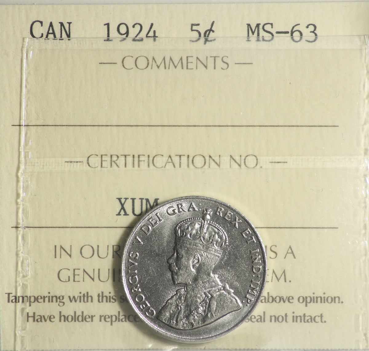 1924 Canada 5-cents ICCS Certified MS63