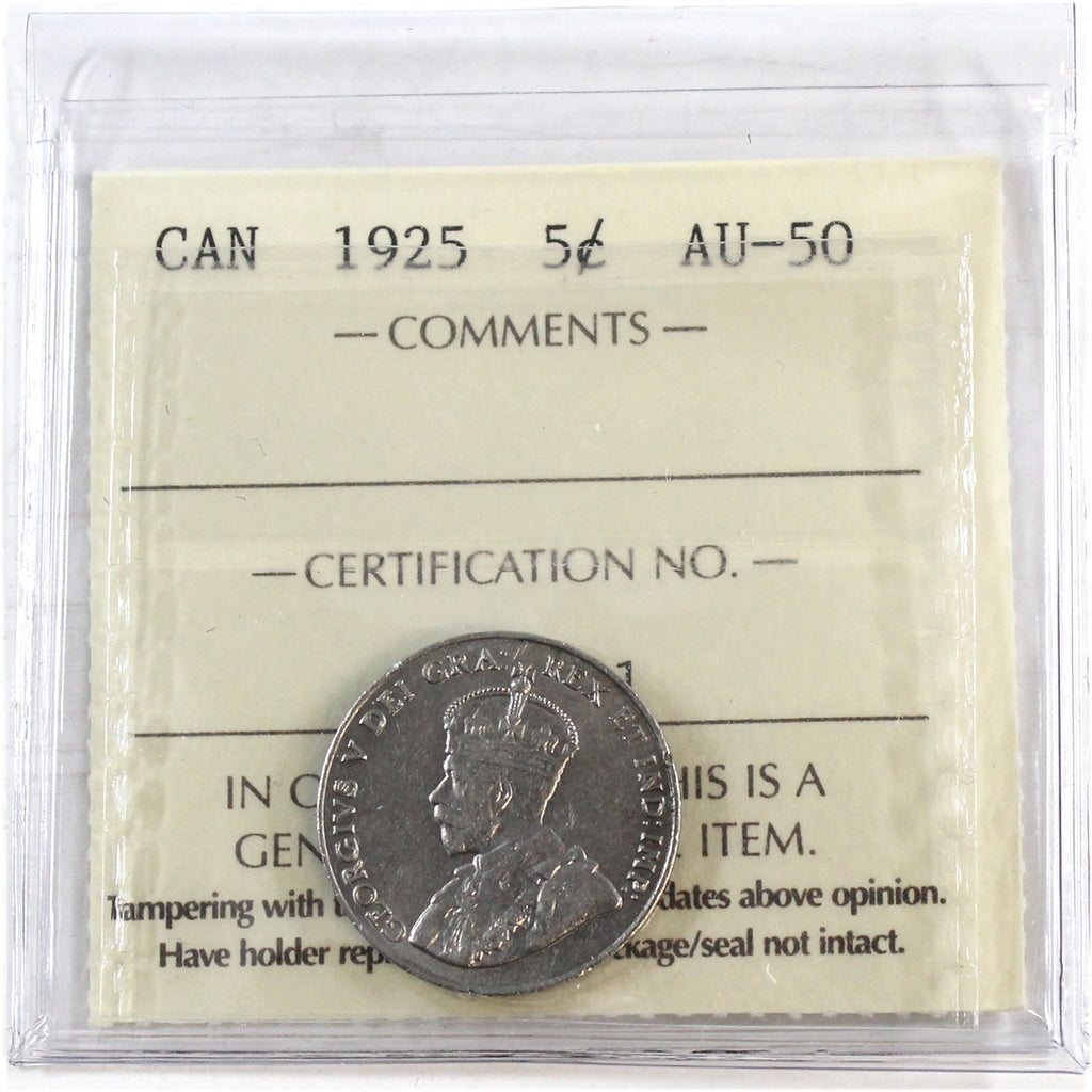 1925 Canada 5-cents ICCS Certified AU50