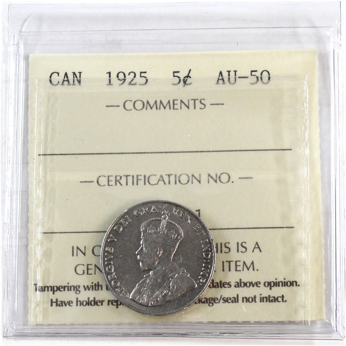 1925 Canada 5-cents ICCS Certified AU50