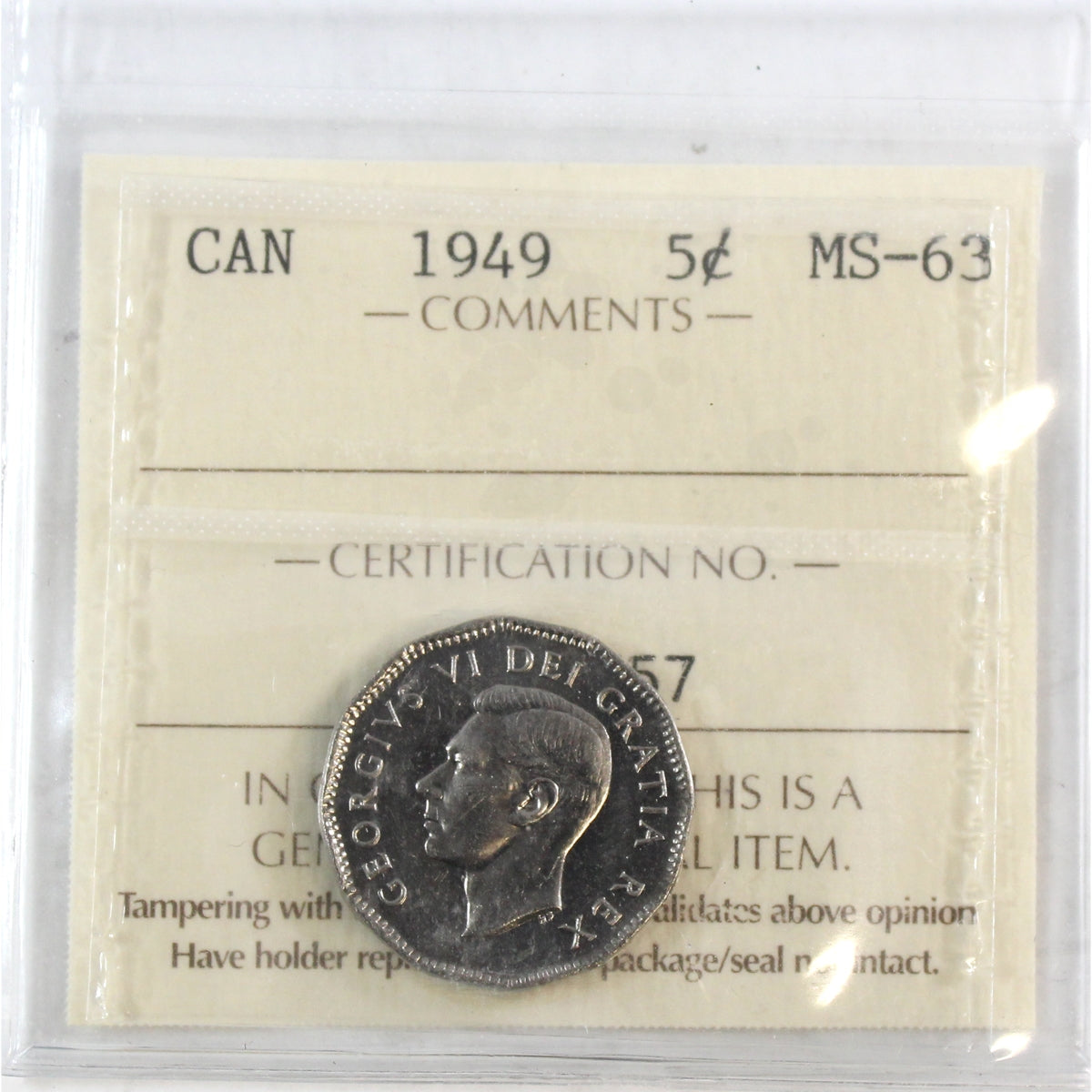 1949 Canada 5-cents ICCS Certified MS63
