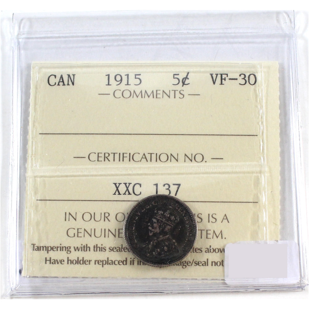 1915 Canada 5-cents ICCS Certified VF30