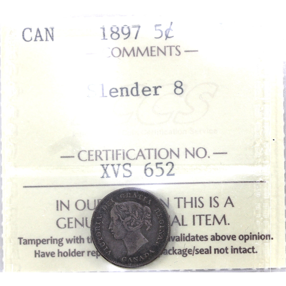 1897 Slender 8 Canada 5-cents ICCS Certified VF20