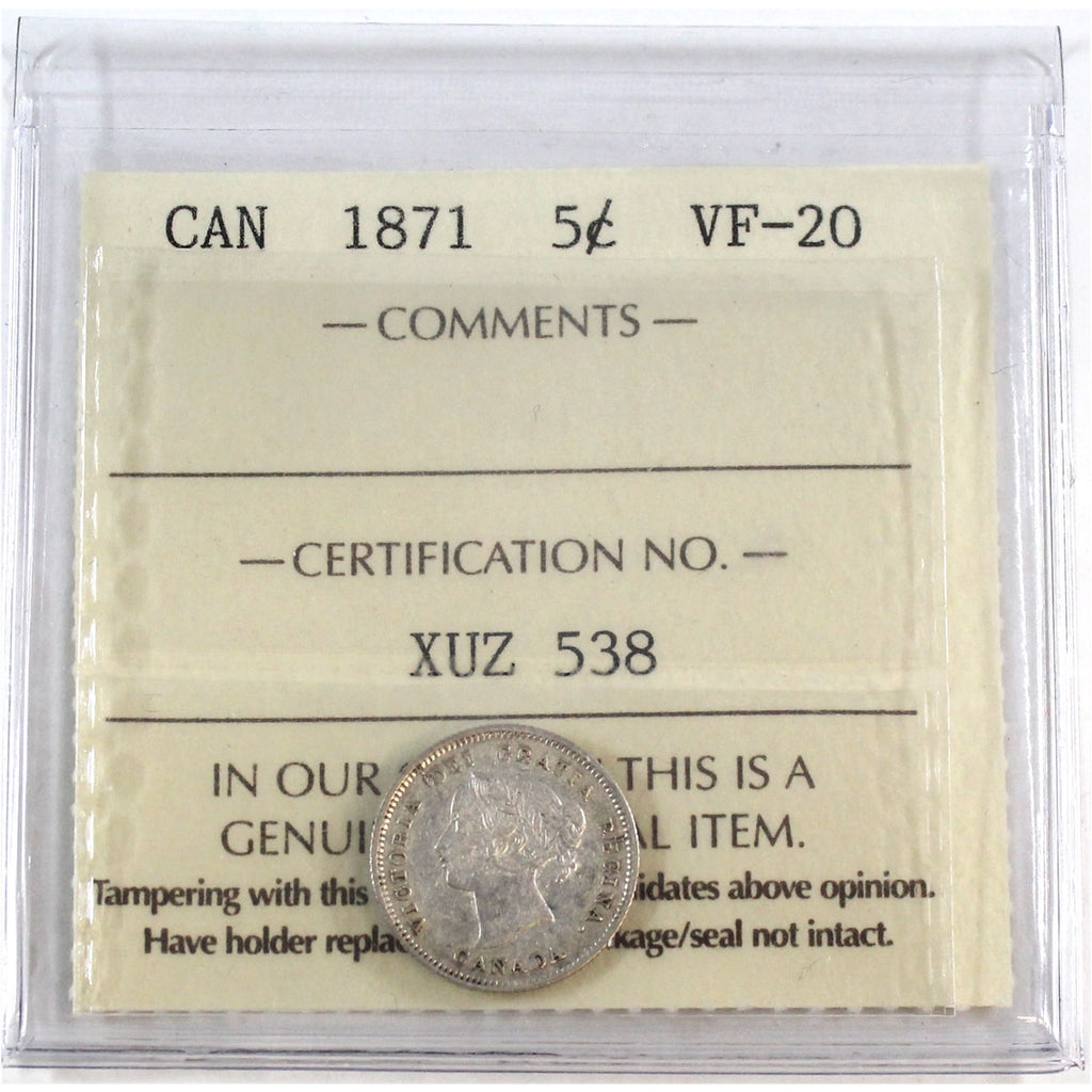 1871 Canada 5-cents ICCS Certified VF20