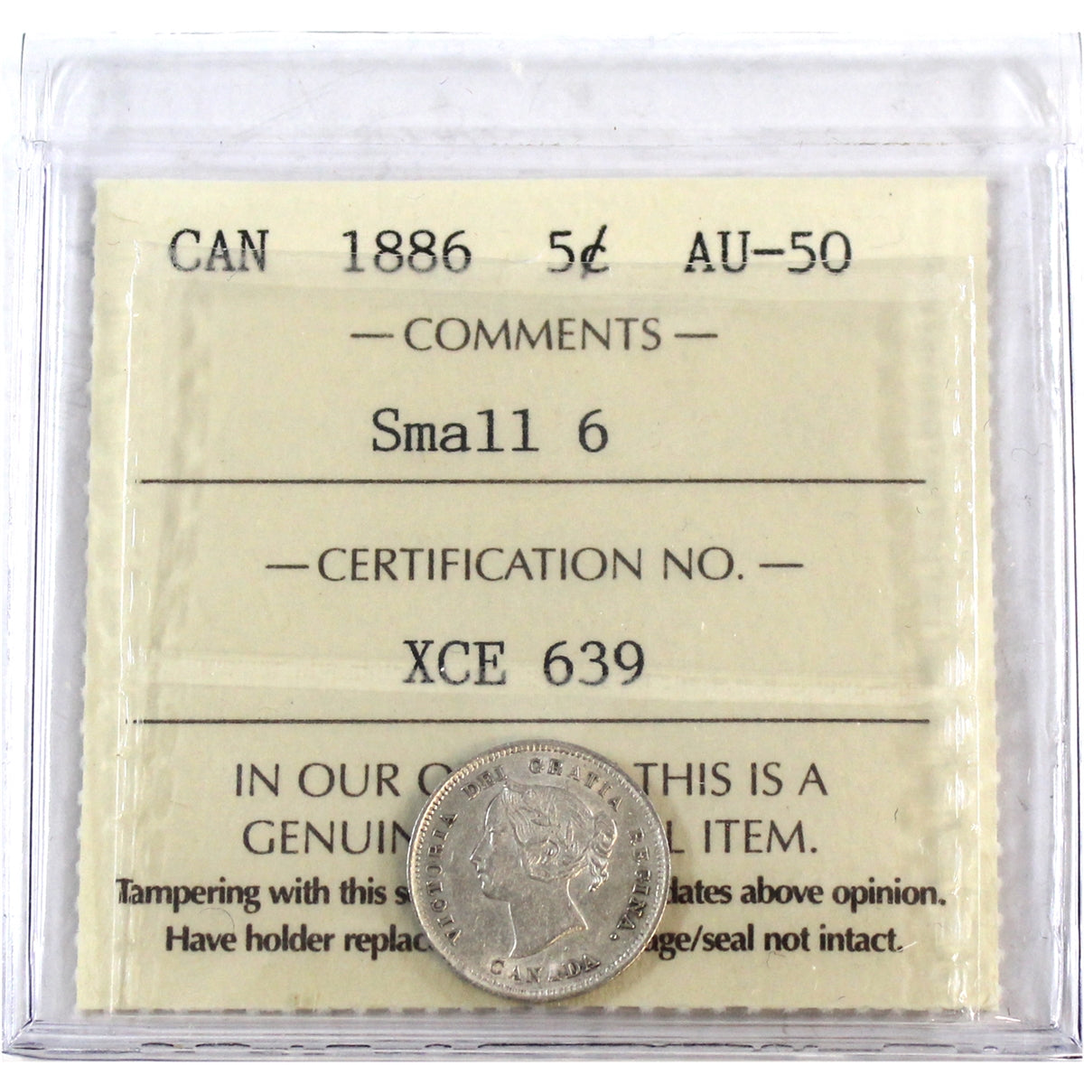 1886 Small 6 Canada 5-cents ICCS Certified AU50