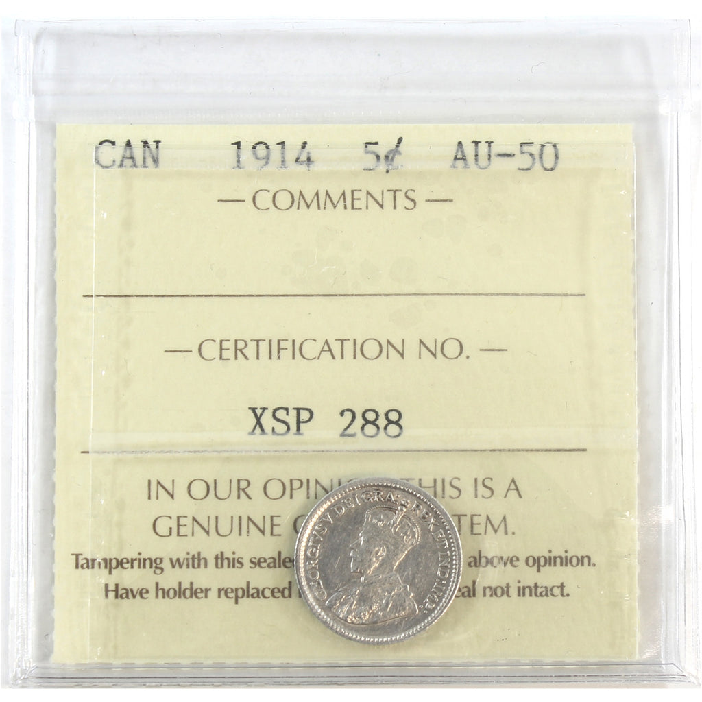1914 Canada 5-cents ICCS Certified AU50