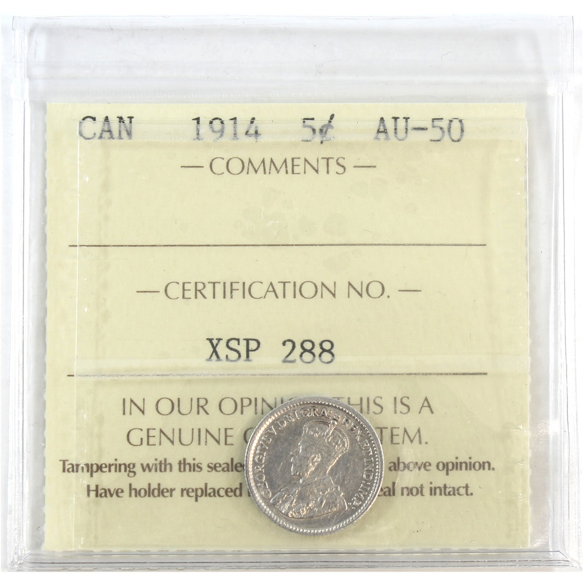 1914 Canada 5-cents ICCS Certified AU50