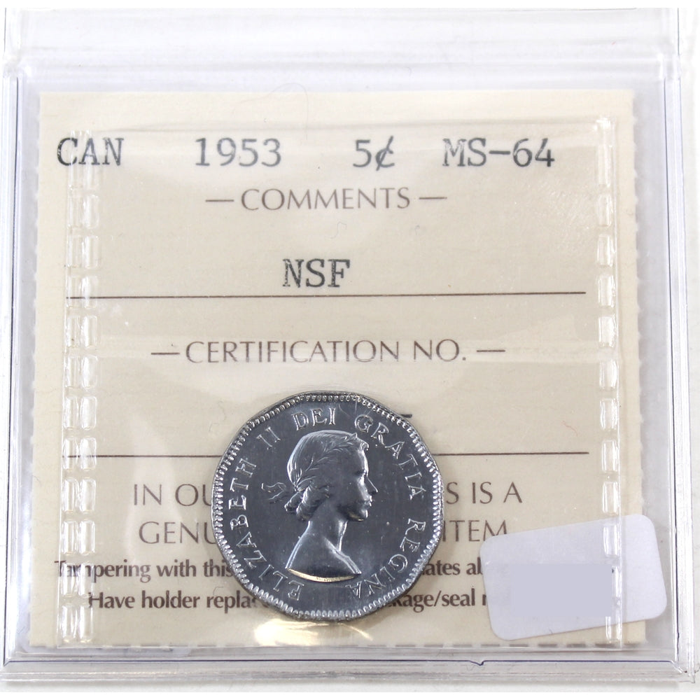 1953 NSF Canada 5-cents ICCS Certified MS64 (Far Leaf)