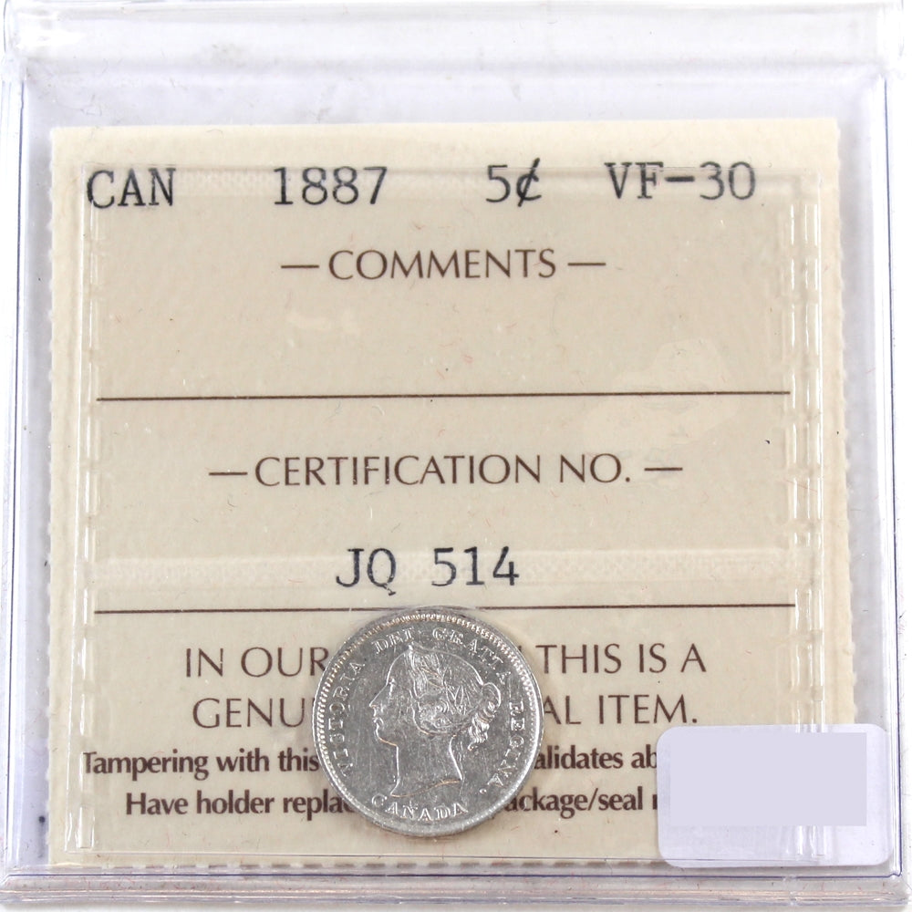 1887 Canada 5-cents ICCS Certified VF30