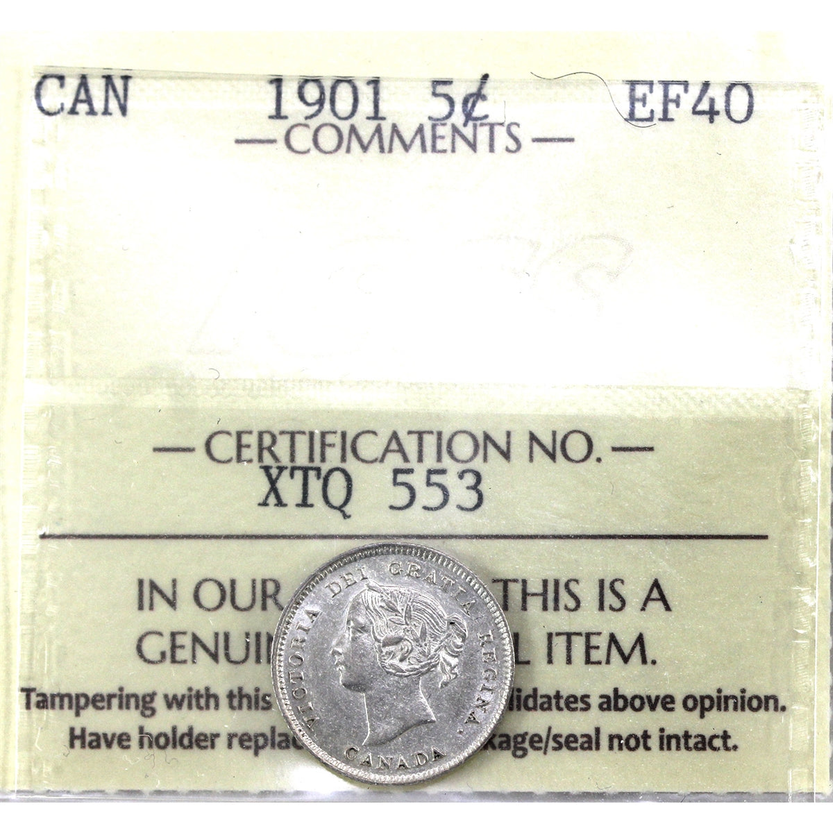 1901 Canada 5-cents ICCS Certified EF40