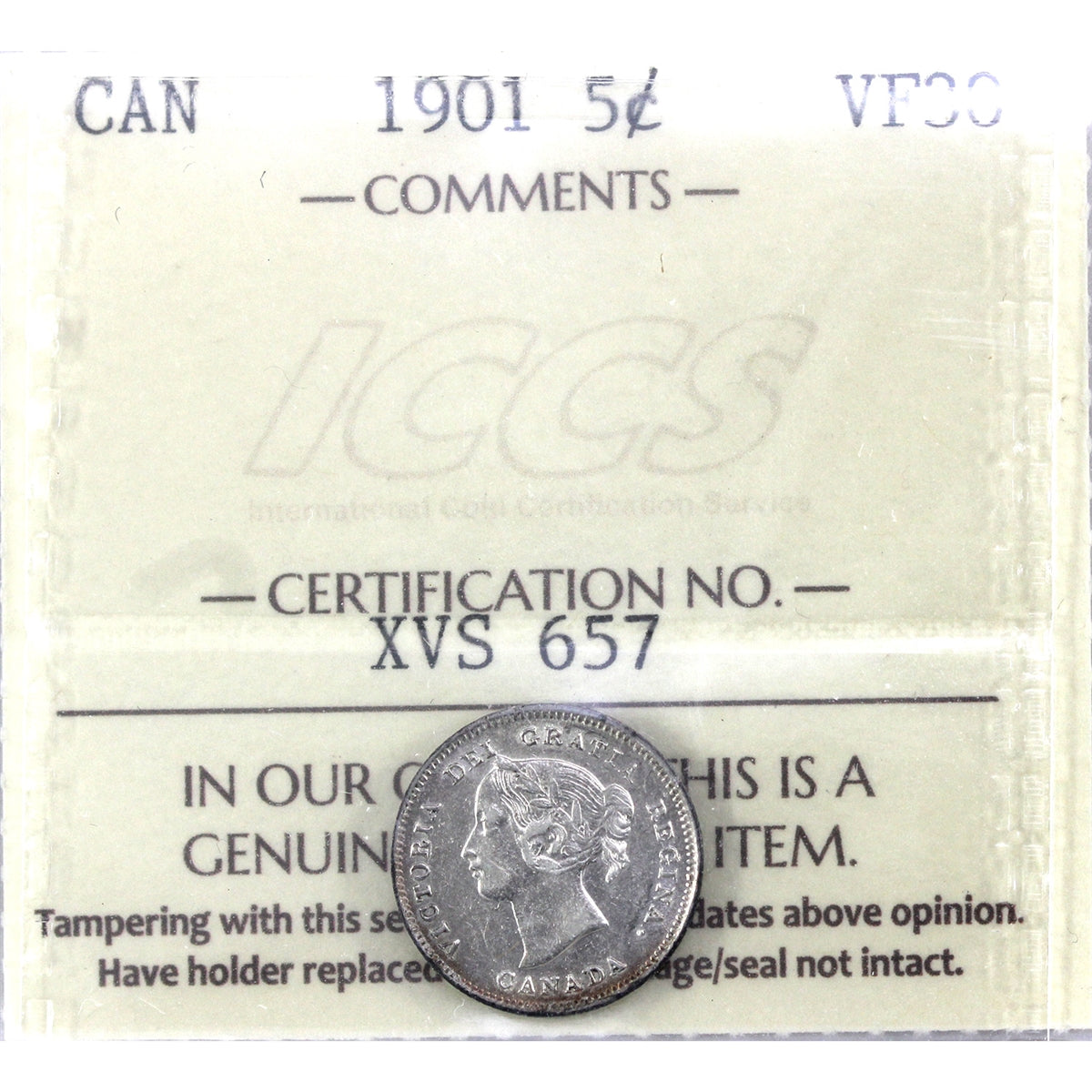 1901 Canada 5-cents ICCS Certified VF30