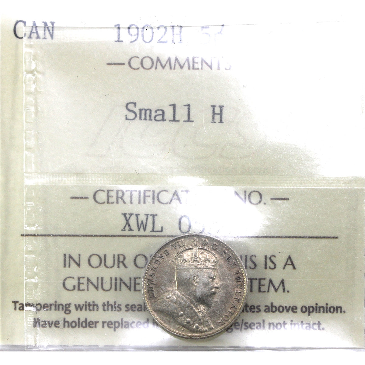 1902H Small H Canada 5-cents ICCS Certified VF30