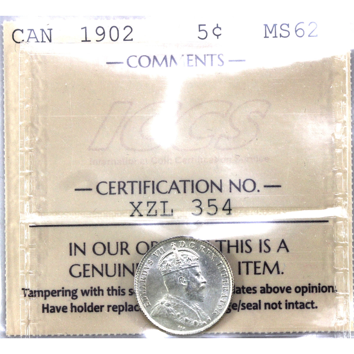 1902 Canada 5-cents ICCS Certified MS62