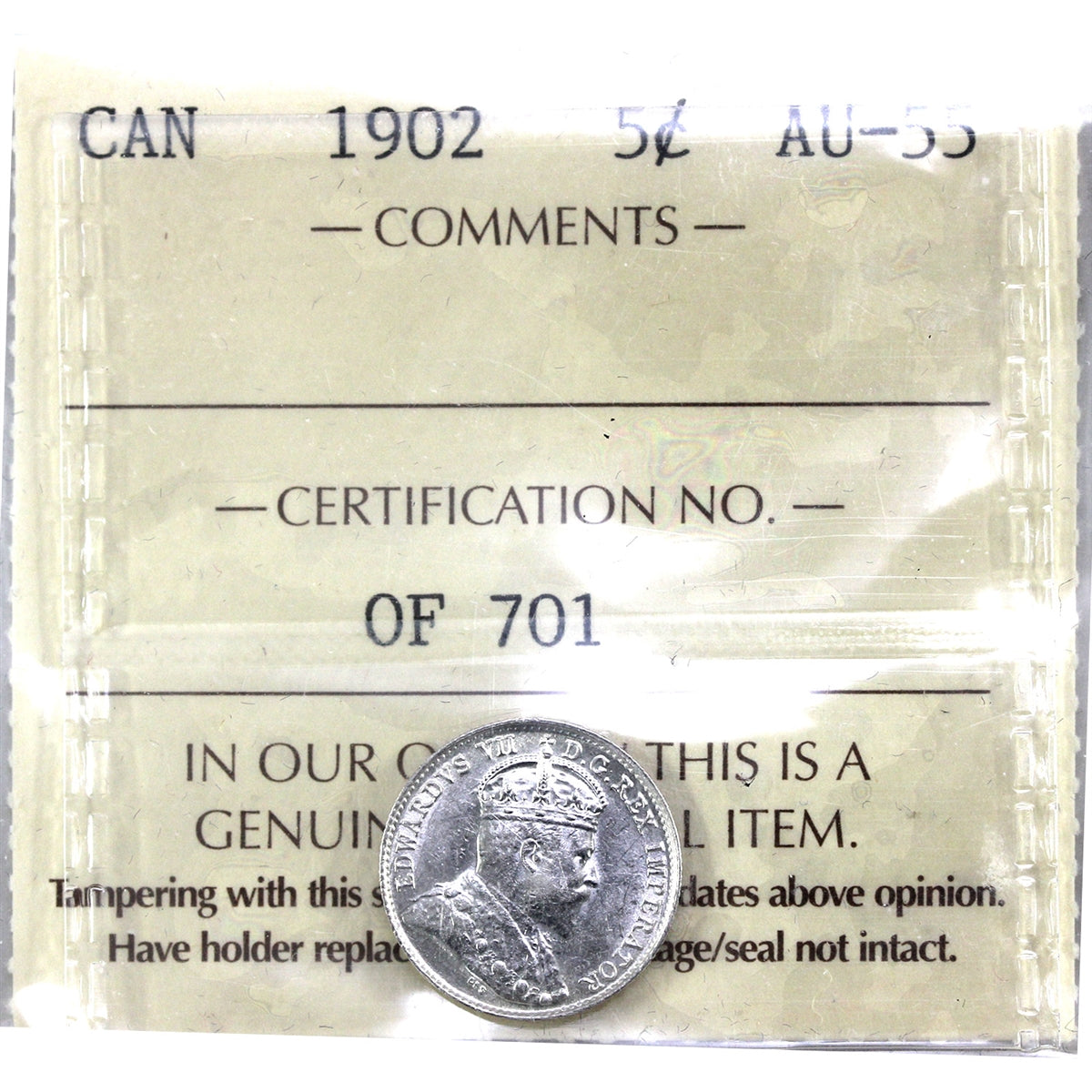 1902 Canada 5-cents ICCS Certified AU55