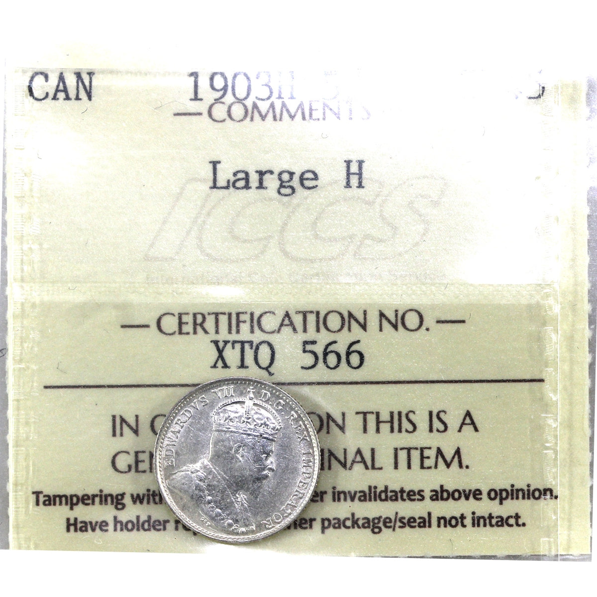 1903H Large H Canada 5-cents ICCS Certified EF45