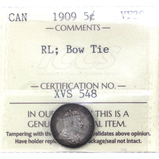 1909 RL, Bow Tie Canada 5-cents ICCS Certified VF30