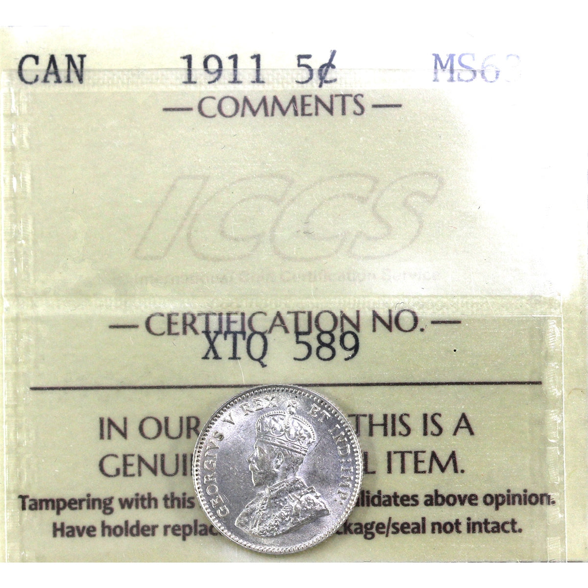 1911 Canada 5-cents ICCS Certified MS63