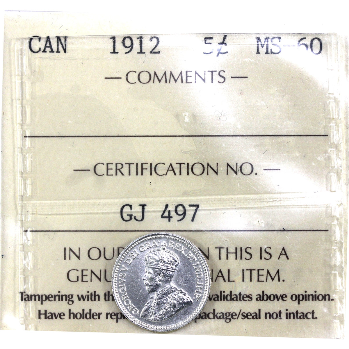 1912 Canada 5-cents ICCS Certified MS60