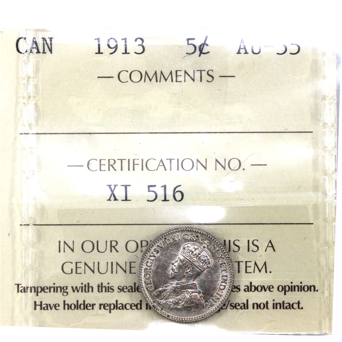 1913 Canada 5-cents ICCS Certified AU55