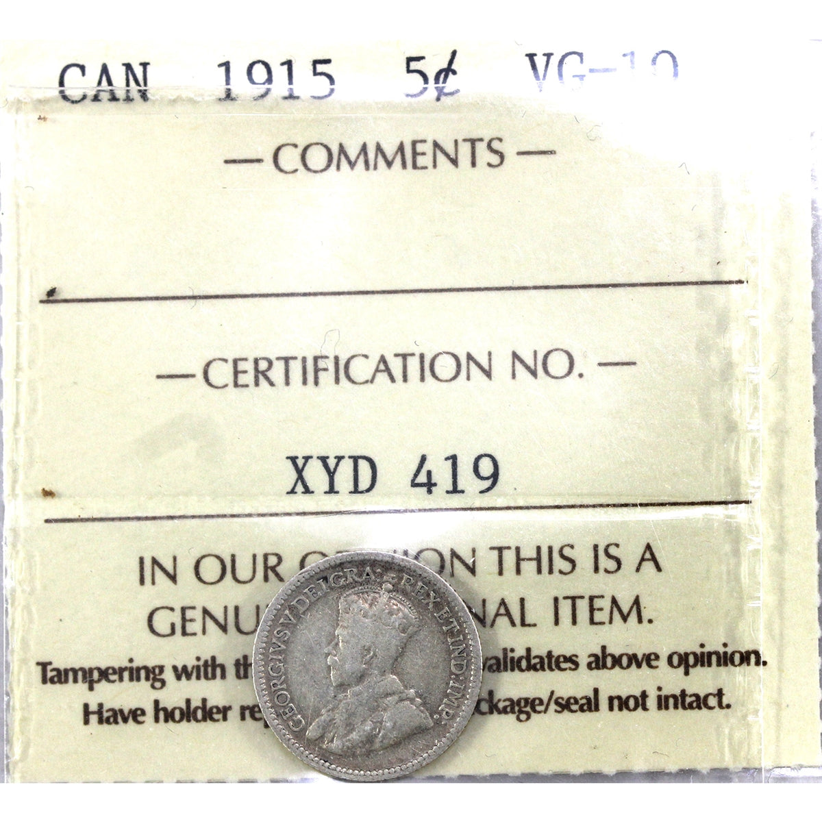 1915 Canada 5-cents ICCS Certified VG10