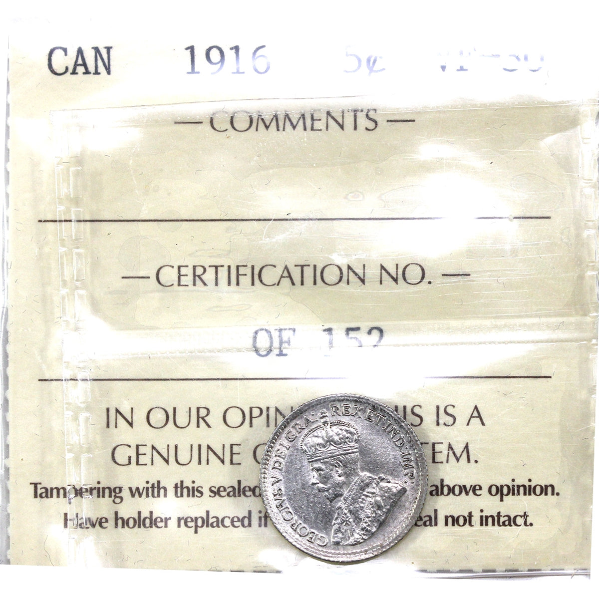 1916 Canada 5-cents ICCS Certified VF30