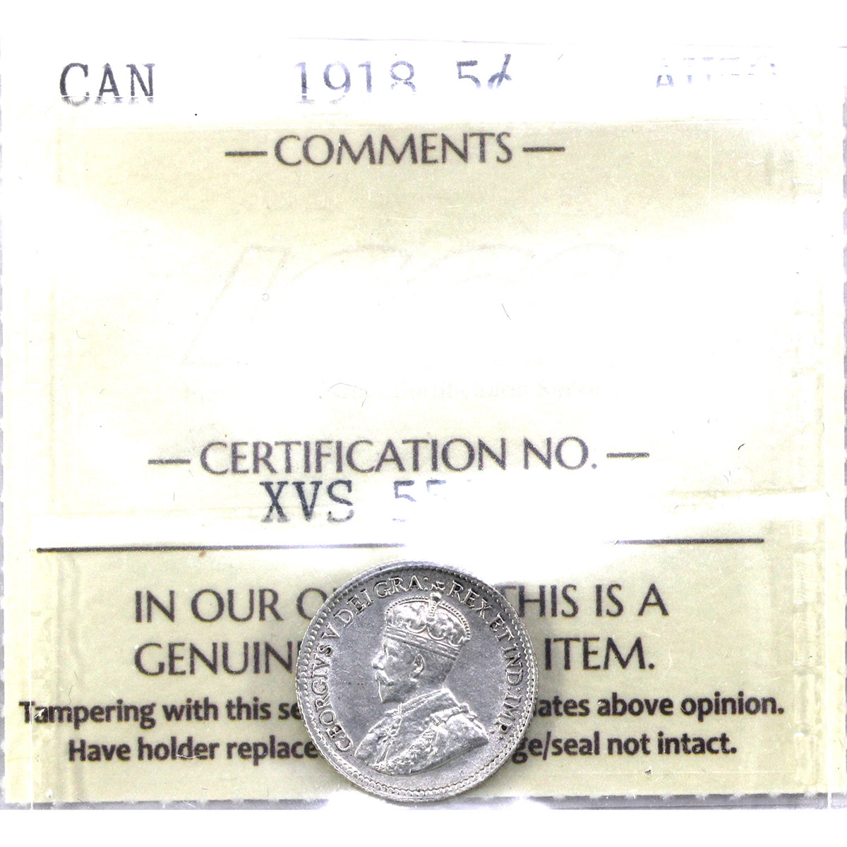 1918 Canada 5-cents ICCS Certified AU50
