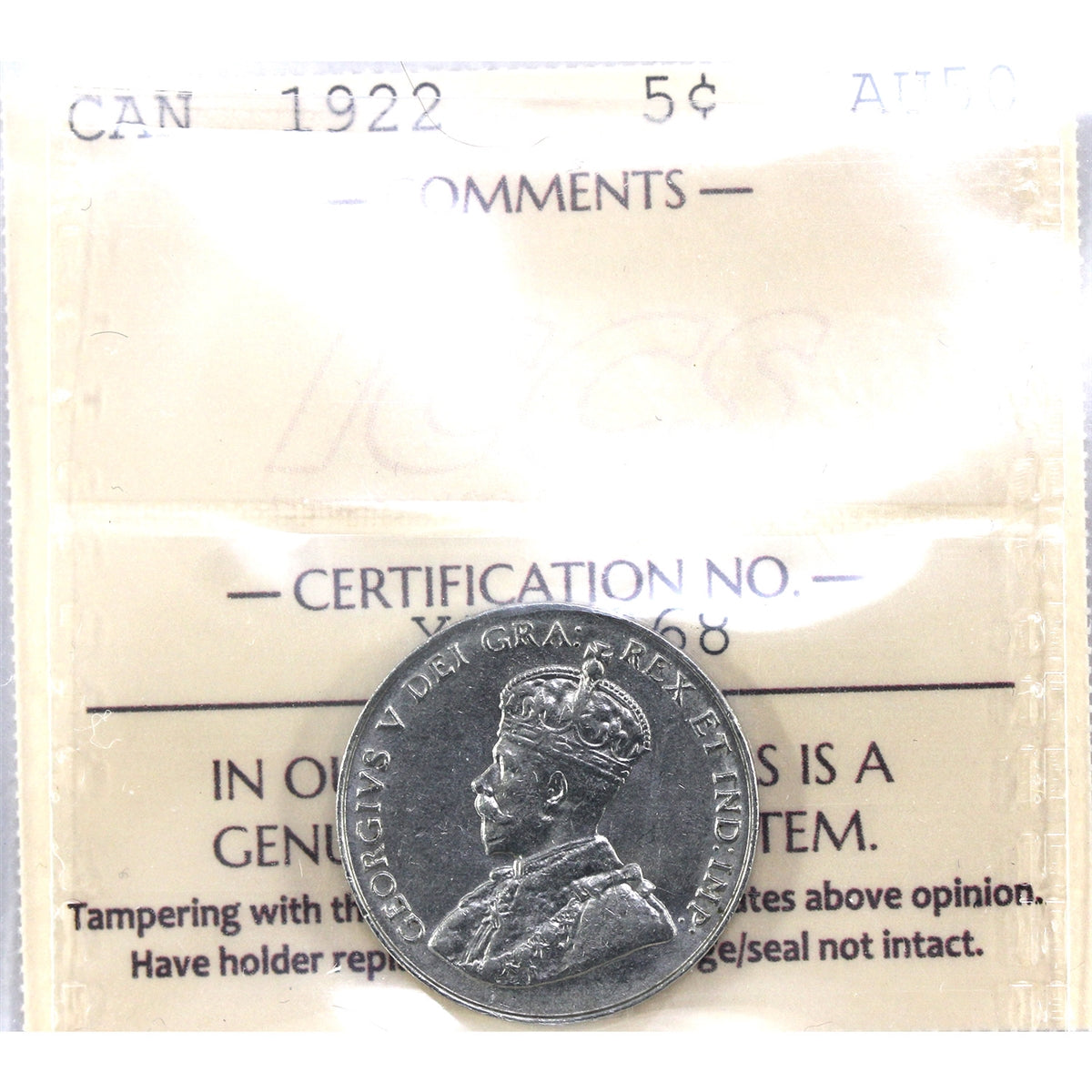 1922 Far Rim Canada 5-cents ICCS Certified AU50