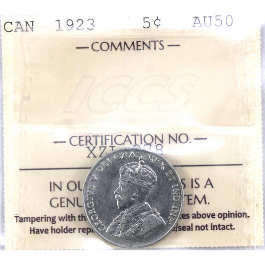 1923 Canada 5-cents ICCS Certified AU50