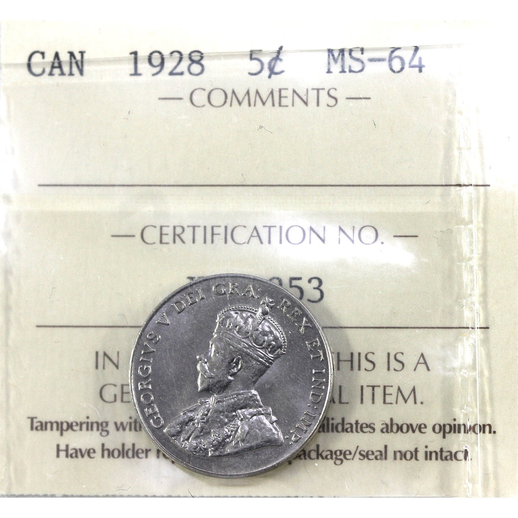 1928 Canada 5-cents ICCS Certified MS64 (XNU 253)