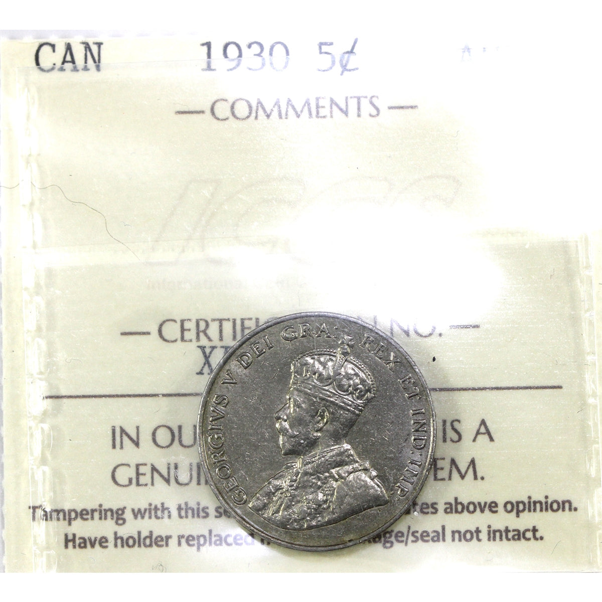 1930 Canada 5-cents ICCS Certified AU50