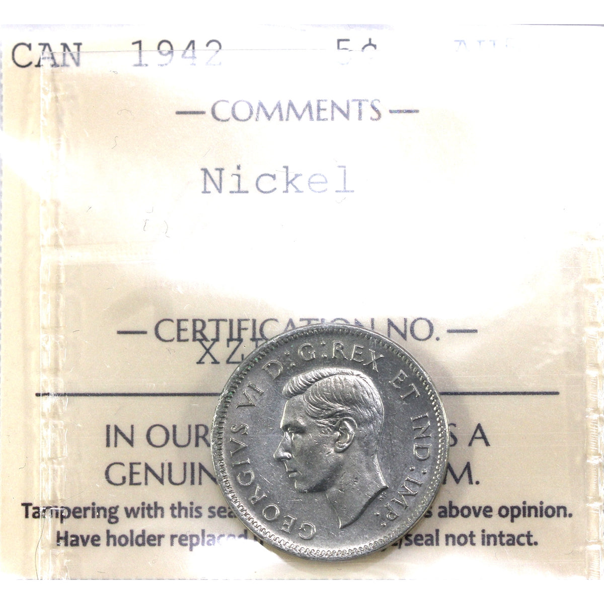 1942 Nickel Canada 5-cents ICCS Certified AU55