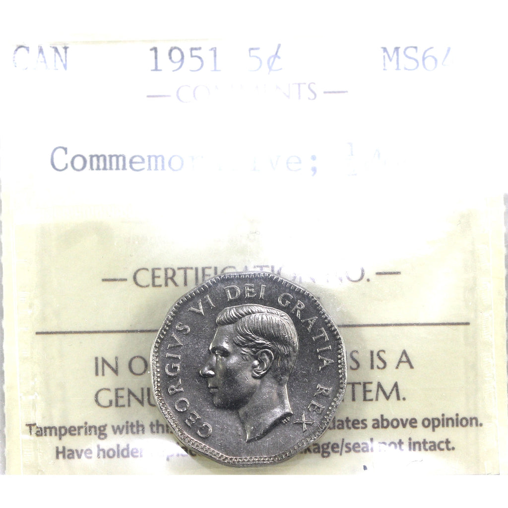 1951 Commemorative (Refinery), 1/2 Moon Canada 5-cents ICCS Certified MS64