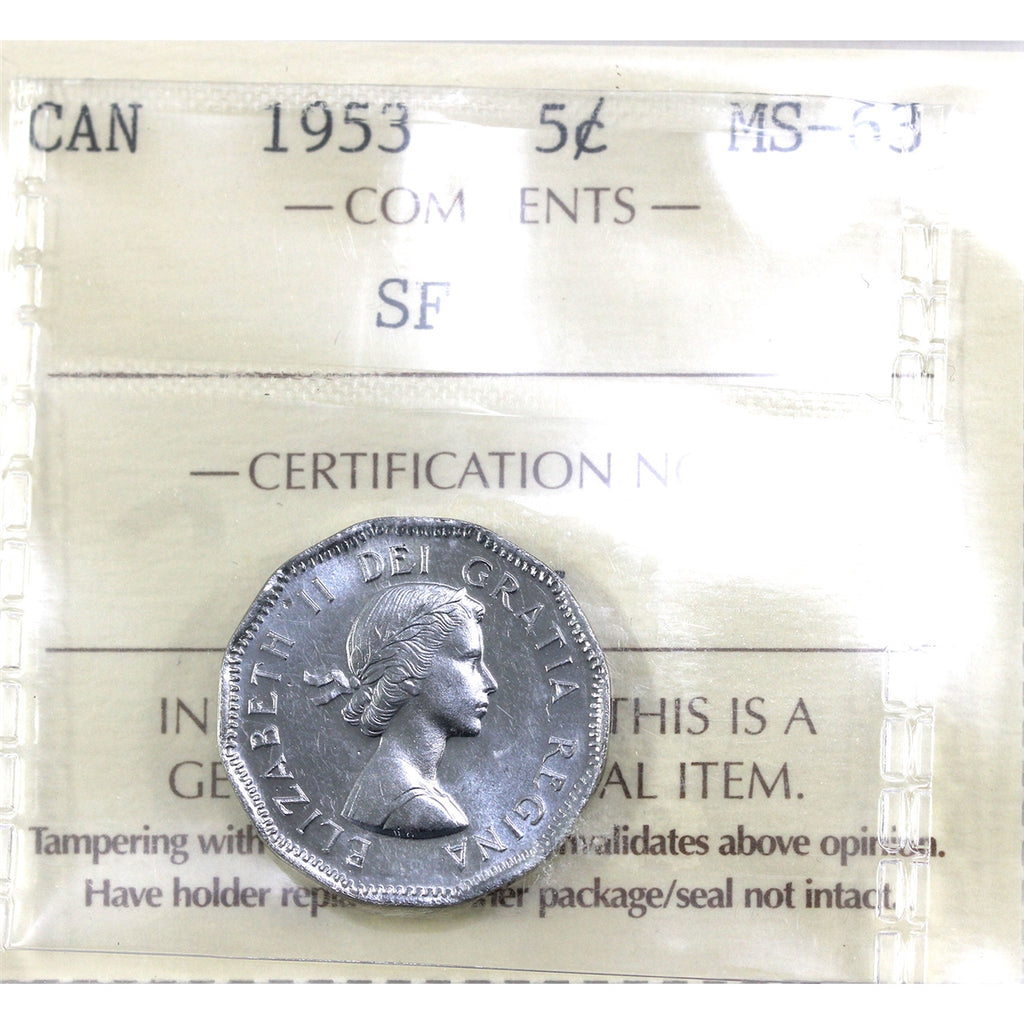 1953 SF NL Canada 5-cents ICCS Certified MS63