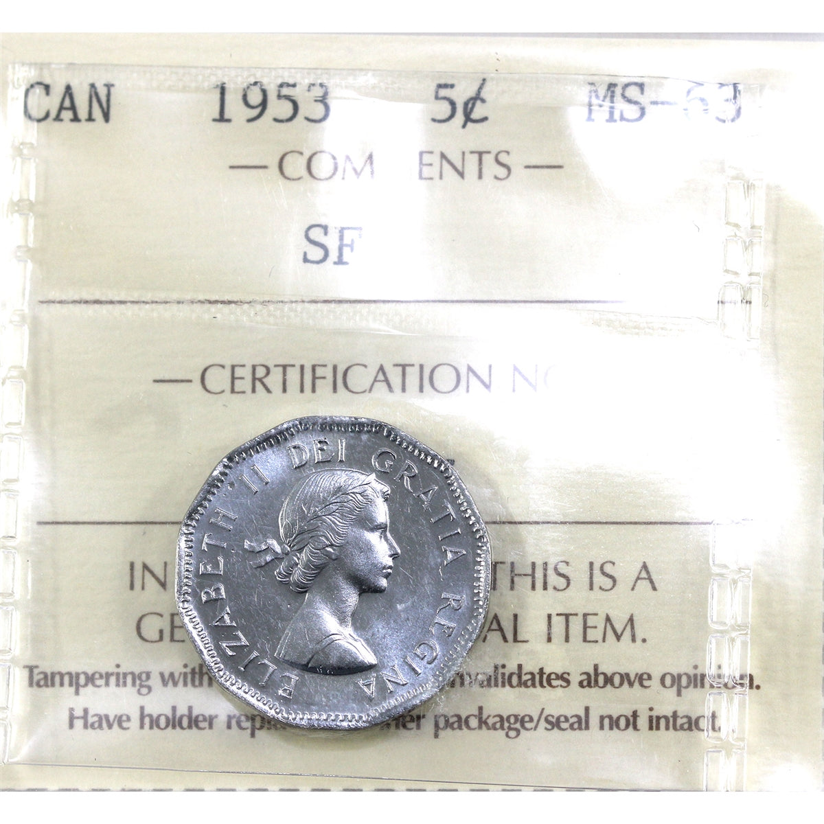 1953 SF NL Canada 5-cents ICCS Certified MS63