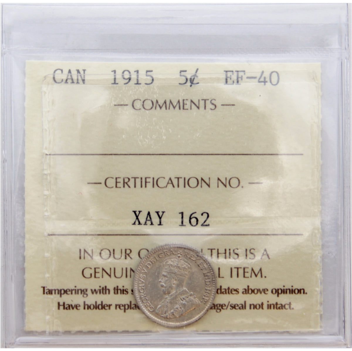 1915 Canada 5-cents ICCS Certified EF40