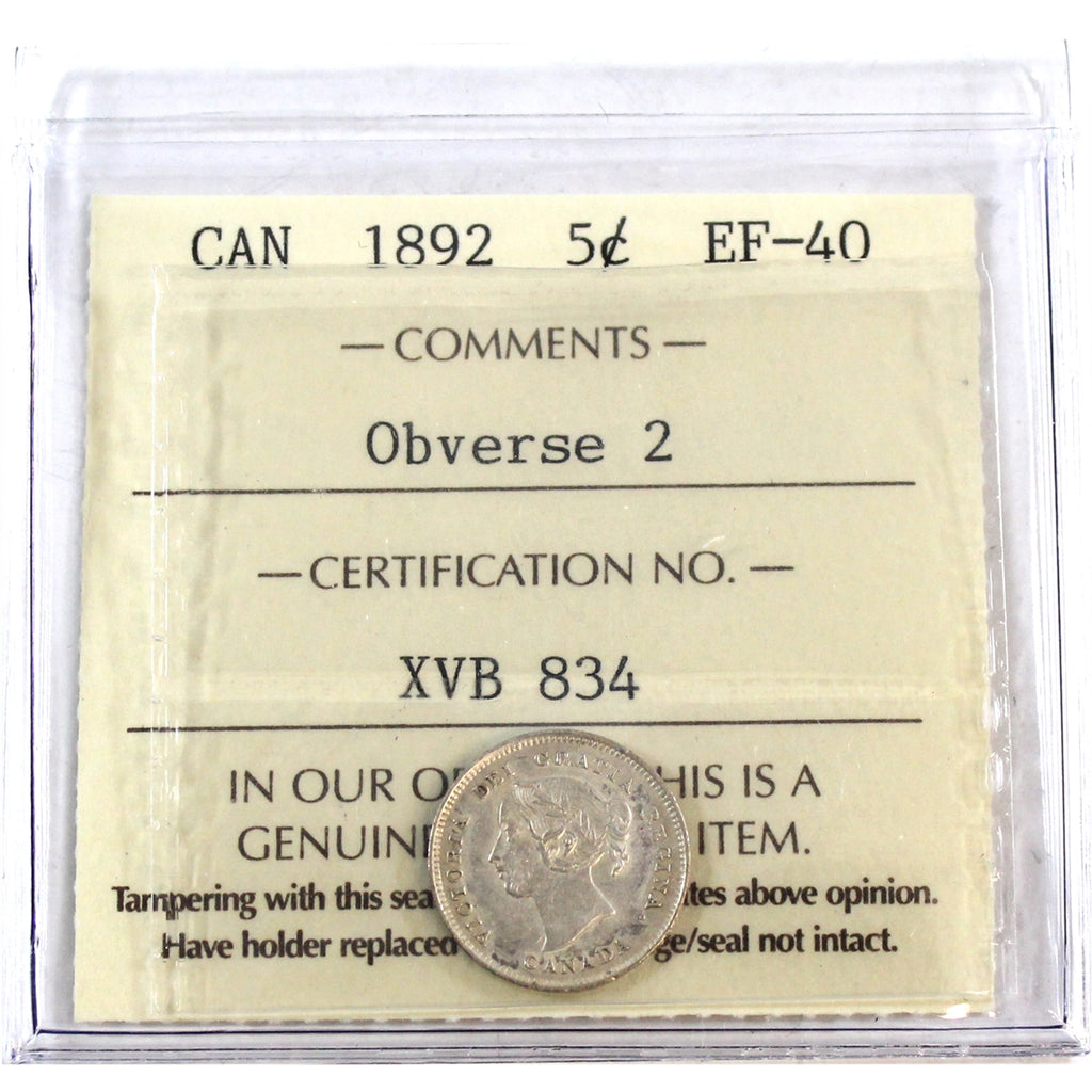 1892 Obv. 2 Canada 5-cents ICCS Certified EF40