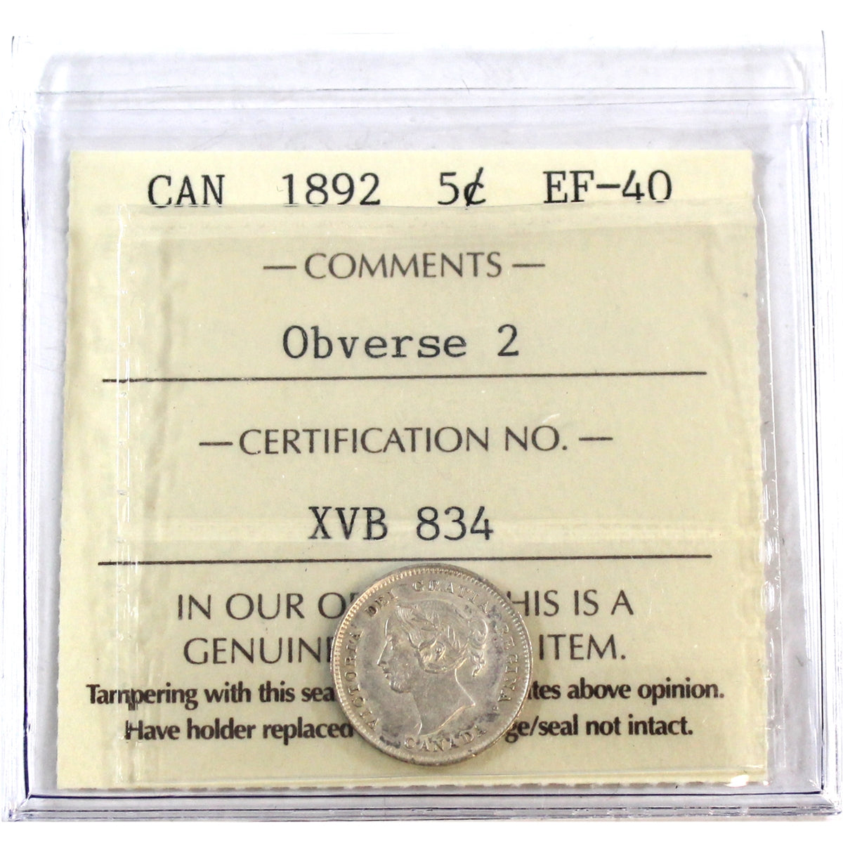 1892 Obv. 2 Canada 5-cents ICCS Certified EF40
