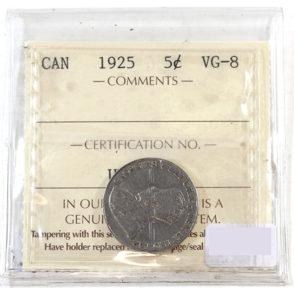 1925 Canada 5-cents ICCS Certified VG8