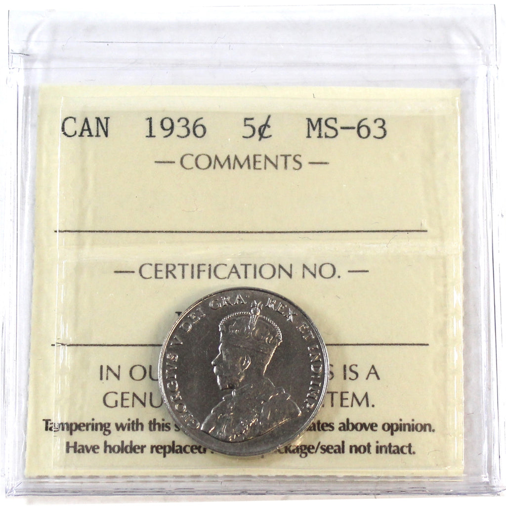 1936 Canada 5-cents ICCS Certified MS63
