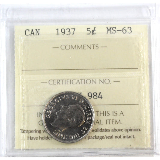 1937 Canada 5-cents ICCS Certified MS63