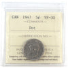 1947 Dot Canada 5-cents ICCS Certified VF30