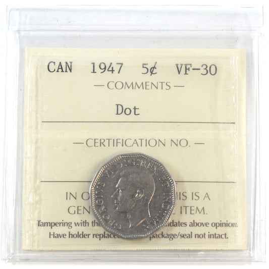 1947 Dot Canada 5-cents ICCS Certified VF30
