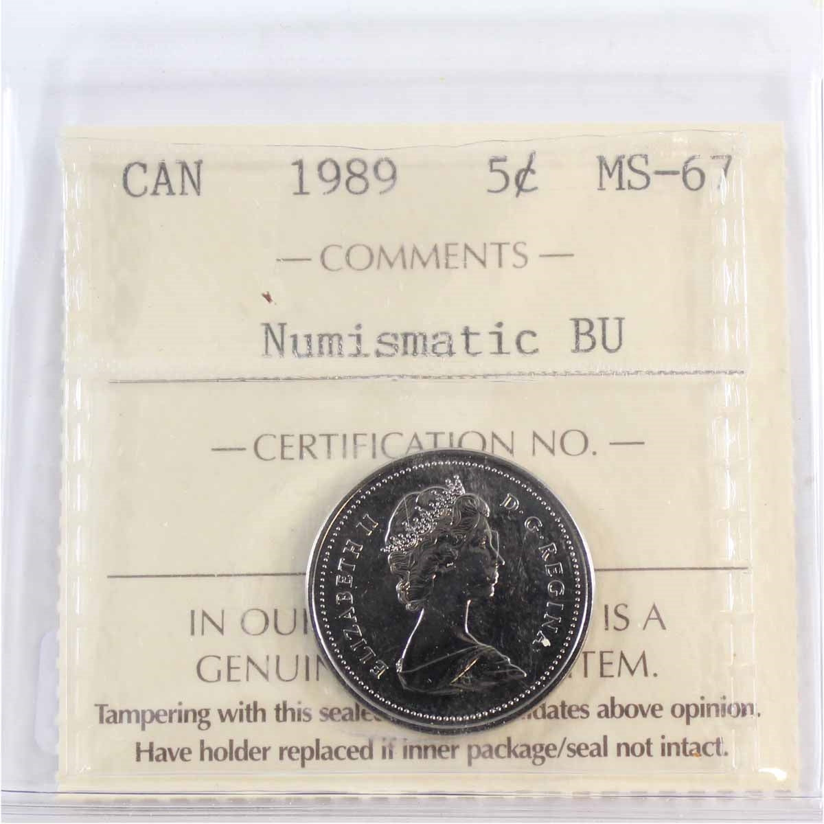 1989 Canada 5-cents ICCS Certified MS67 Numismatic BU