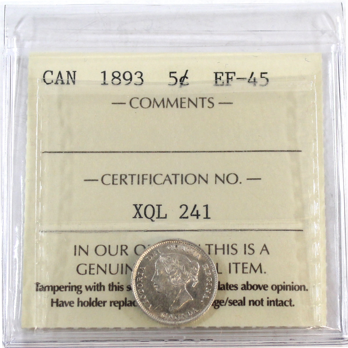 1893 Canada 5-cents ICCS Certified EF45