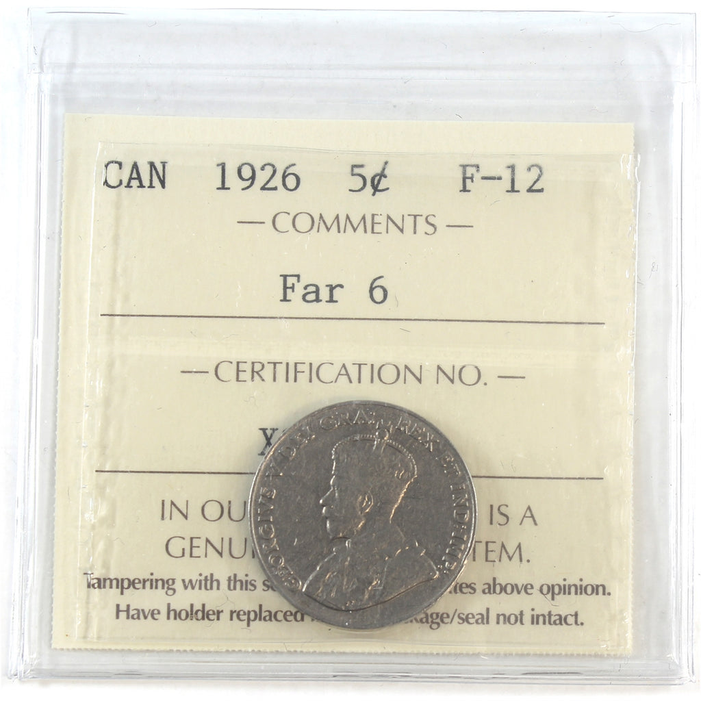 1926 Far 6 Canada 5-cents ICCS Certified F12