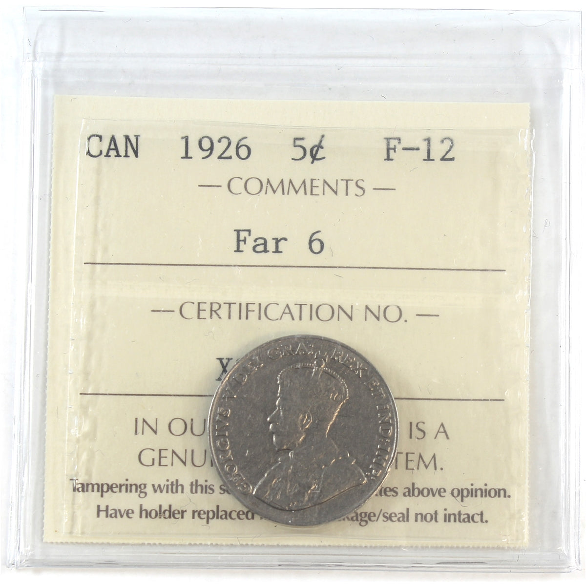 1926 Far 6 Canada 5-cents ICCS Certified F12